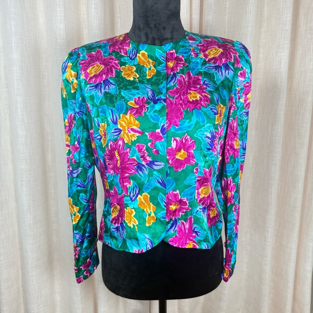 Vintage Silk Papell Floral Collarless Blazer
